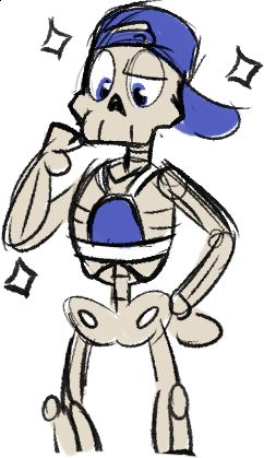 Old doodle of a cartoon skeleton wearing a jockstrap wrong. He has no penis.
