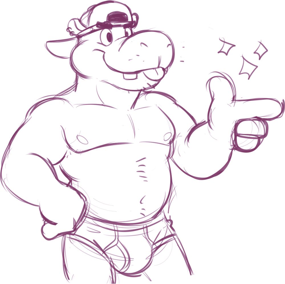 2020 drawing of a himbo hippo in briefs