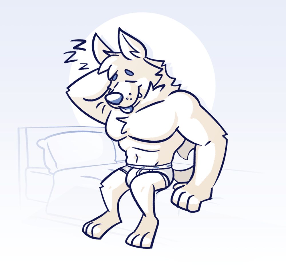 A big muscular cartoon dog with white fur and white underwear is sitting sleepily on the side of a bed.

The bed is just a faint outline that blends into the background as if he's still mostly asleep and is barely aware of his surroundings.