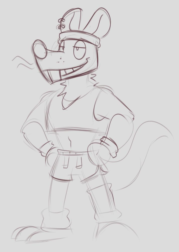 A cartoon rat with a crop top, short shorts, sweat bands, and leg warmers.