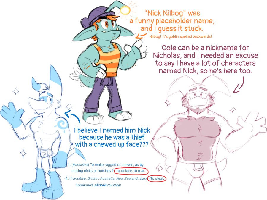 old thing explaining why I have multiple characters named Nick. It has more text than my 4am brain feels like transcribing for the alt text right now. Forgive me.