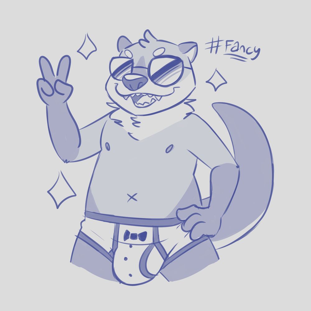 Fancy otter in sunglasses and tuxedo briefs. he has one hand on his hip and is giving a peace sign with the other.