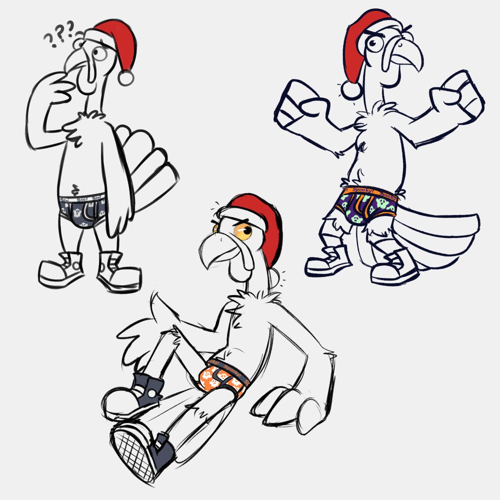 three drawings of a cartoon turkey in halloween-themed briefs and a santa hat.