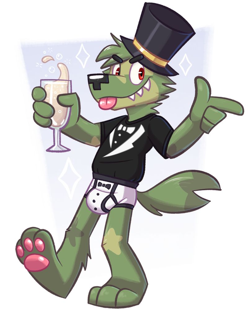 Max (a green cartoon werewolf with stars on his knees and elbows) is splashing his beverage with one hand and doing a finger gun with his other hand.

He's wearing a tuxedo graphic tee with matching briefs and a top hat.