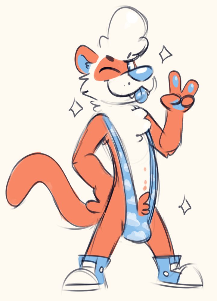 Red and blue cartoon ferret with curly hair. He's posing proudly and doing a peace sign. He's wearing blue high-top sneakers and a cloud-print mankini swimsuit.
