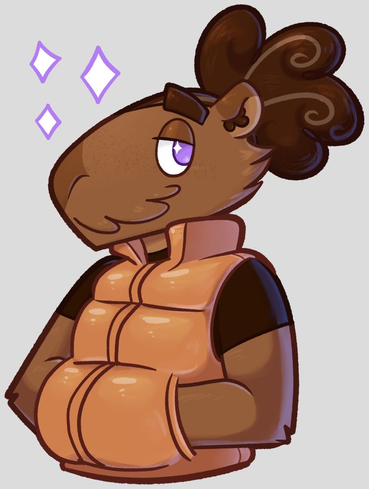 Fully colored version of the drawing from before.

A capybara wearing a puffy orange vest. He has his hands in his pockets and is looking at you with heavy-lidded eyes and a smile.