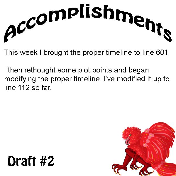 This week brought the proper timeline to to line 601 I then rethought some plot points and began modifying the proper timeline. I've modified it up to line 112 so far. 