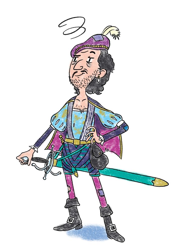 A rather weary looking man, dressed in the slightly tattered clothes of a renaissance era nobleman. He wears a jaunty feathered cap, a short cape, puffy sleeves, bright purple leggings, and the stupidest pair of shorts you've ever seen. At his belt hangs a longsword, a dagger, and a large pouch.