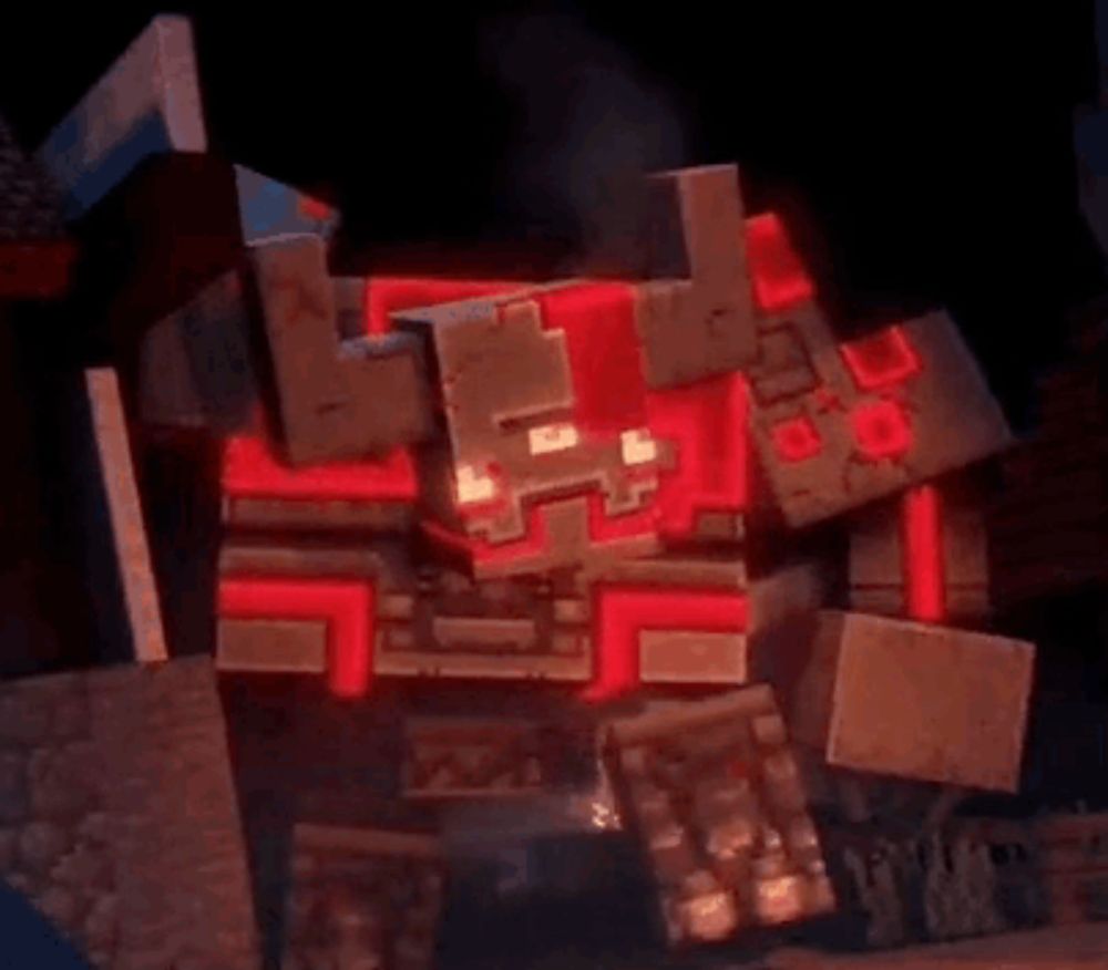 a close up of a minecraft character with red lights coming out of it .