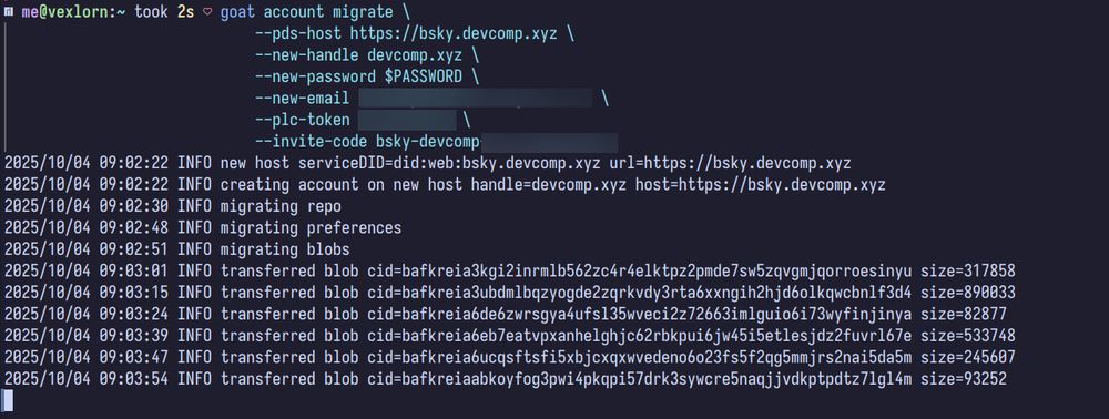 Running `goat migrate` to migrate my account from the default Bluesky PDS onto my own PDS (https://bsky.devcomp.xyz/). It shows progress: creating account, migrating repo, migrating preferences, migrating blobs.