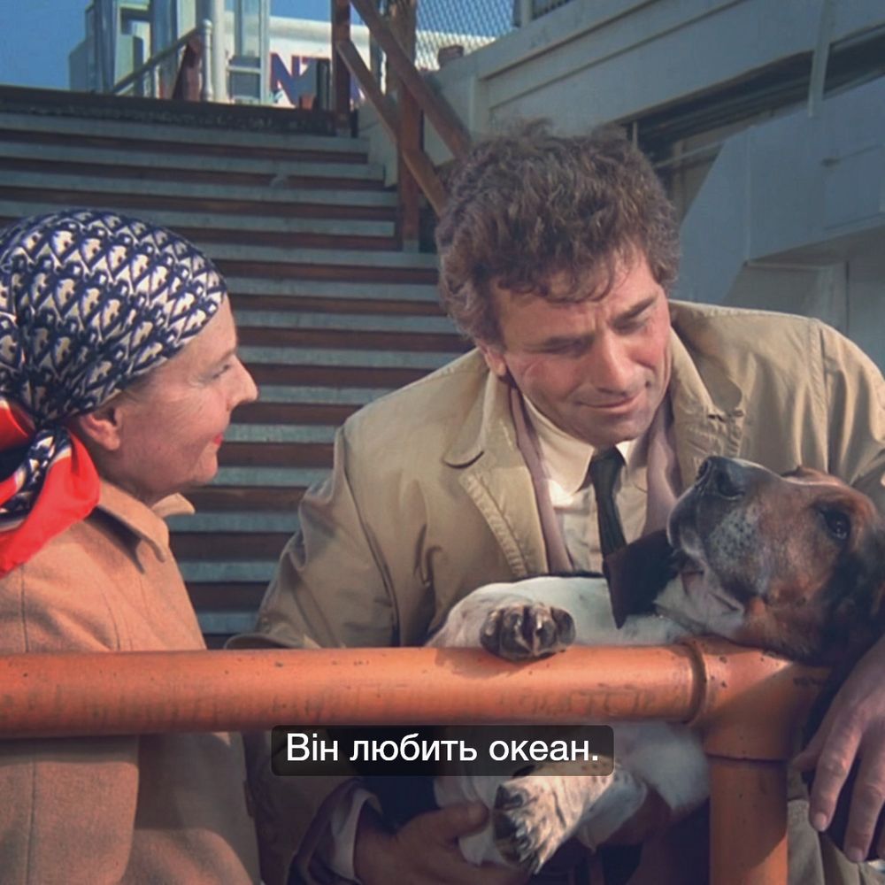 На стоп-кадрі епізоду «Коломбо» під назвою «Упіймай мене, якщо зможеш» (ориг. «Try and Catch Me») лейтенант Коломбо, стоячи на пірсі зі своїм надміру флегматичним собакою на руках, запевняє пані в хустці, що його пес любить океан. «Звідки ви знаєте?» — цікавиться пані в хустці. «Він жвавішає», — відповідає Коломбо та з любовʼю позирає на собаку, який, може, і жвавішає, утім майстерно це приховує.