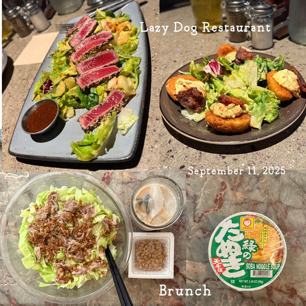 A pic collage of foods 9/11: cocked cabbage & polk, Midori no tanuki Japanese soba noodle (instant), dinner at Lazy Dog - Ahi tsuna salad and crunchy devil eggs.
9/11 食べたもの写真コラ：レンチン豚キャベツ、緑のたぬき、レイジードッグでの夕飯〜アヒツナサラダ、クランチィデビルエッグ。