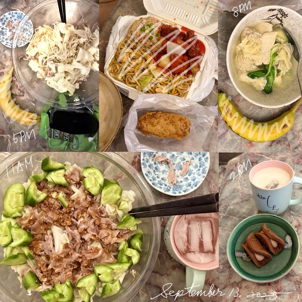 A pic collage of foods: cocked cabbage and polk with cucumbers, chocolate waffle, Chinese to go (chicken won ton soup), etc.
食べたもの写真コラ：きゅうり入りレンチン豚キャベツ、日本からのチョコワッフル、近所の中華中食、鶏ワンタンスープ具沢山♪