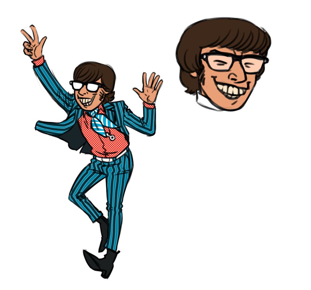 colored drawings of austin powers. he's in his blue striped suit with red checked shirt and blue kerchief outfit. and on the right just a closeup of his face, grinning, eyes closed. big bad teeth.