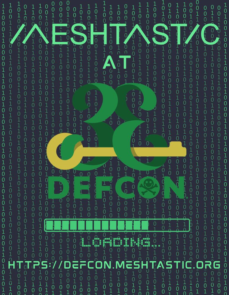 Digital poster for Meshtastic at DEF CON 33. The background features vertical streams of binary code (1s and 0s) on a dark matrix-style backdrop. The Meshtastic logo appears at the top, followed by the words ‘AT DEFCON 33’ in bold green and yellow hacker-style typography. A green digital loading bar and the word ‘LOADING…’ appear below, with the URL ‘https://defcon.meshtastic.org’ displayed at the bottom.