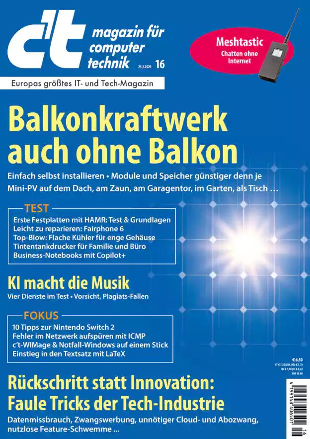 Cover of c’t magazine, a leading German computer and technology publication. The main headline features balcony power plants. A prominent section in the upper right highlights “Meshtastic,” a tool for chatting without the internet, with an image of a handheld radio device.