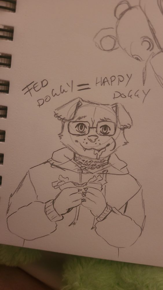 Pencil drawing of an anthropomorphic dog eating a kebab with the words fed doggy = happy doggy