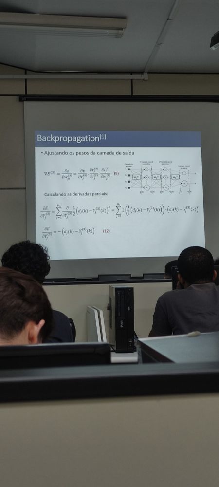 Slide que descreve o cálculo de taxa de erro de uma rede neural artificial cuja arquitetura (?) É de backpropagation e que é dado por derivadas parciais