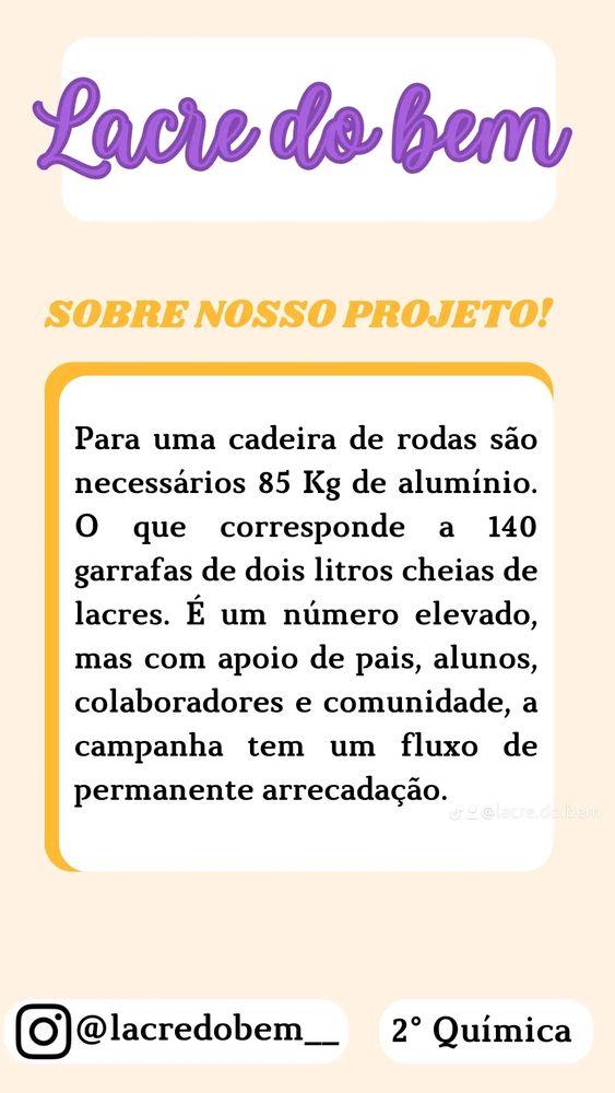 Para a cadeira de rodas são necessários 85kg de alumínio, o equivalente a 140 garrafas Pet de 2Litros.

Essas cadeiras serão doadas aos asilos de Jacareí - SP