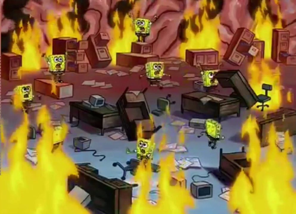 spongebob’s mental office on fire, mini spongebob’s being entirely unhelpful 