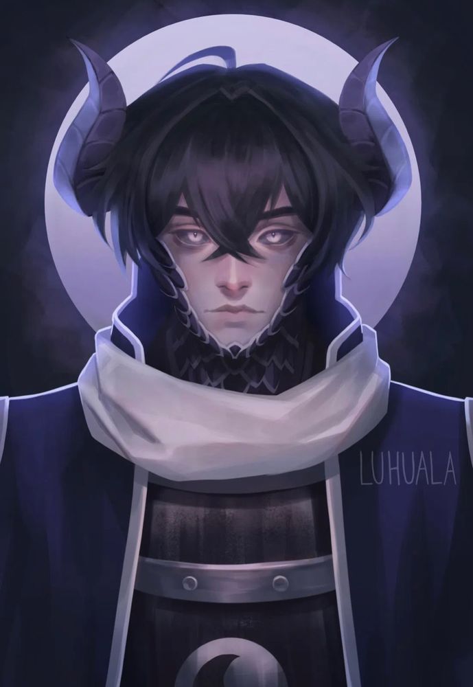 Man with dragon horns and scales looks emotionlessly at viewer. He wears a dark blue and silver samurai outfit with a white scarf. The moon shines brightly behind him