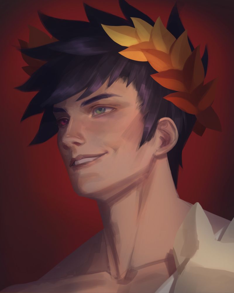 Portrait of Zagreus from Hades smiling at the top left with warm lighting on a red background