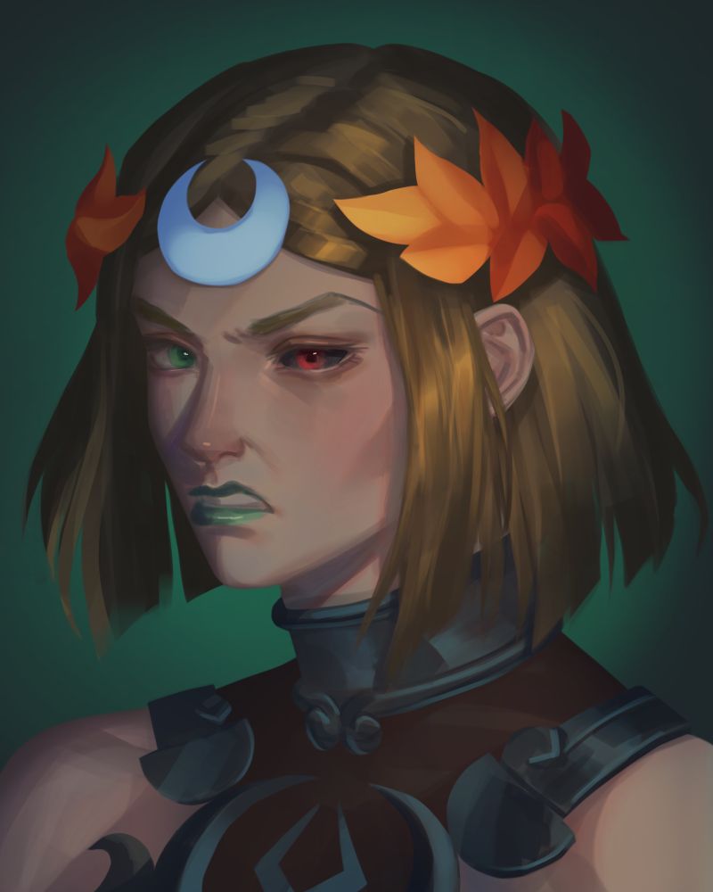 Portrait of Melinoe from Hades 2 sneering at the camera on a green background