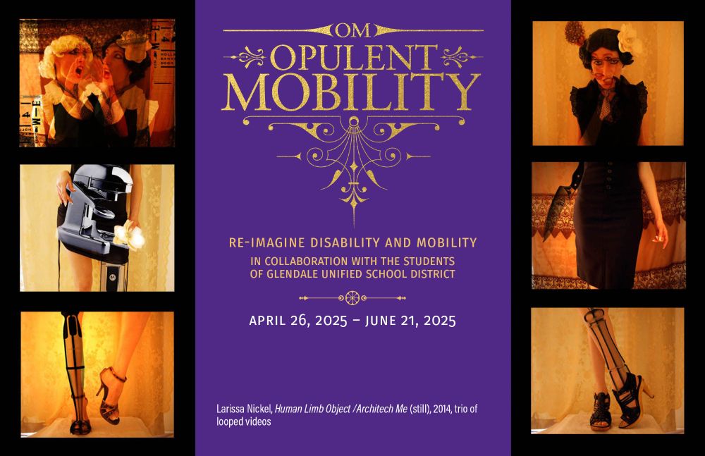 An announcement of the Opulent Mobility Exhibition at The Brand Library in Glendale, CA from April 26, 2025 to June 21, 2025. The text is gold on a purple field, flanked by sepia-toned images of artwork. 