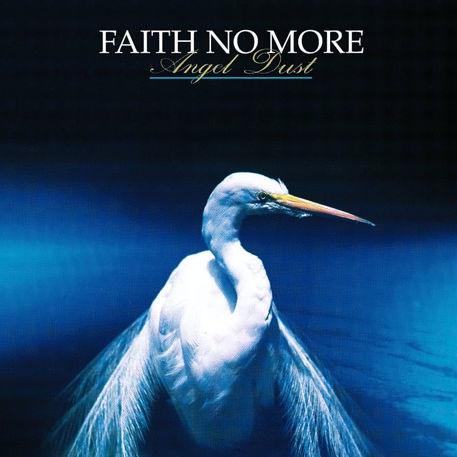 Cover of the album Angel Dust by Faith No More:  Photo of a great egret at rest against a blue background fading to black at the top and bottom of the frame.