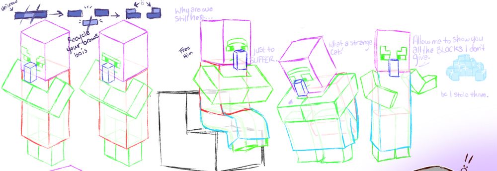 The top of the image with most of the study sketches. The first two are just a break down of a basic illager and villager. above it is a demonstration on how villagers turn their unibrows into bushy brows when they become illagers (with text saying "recycle your brows bois") because i was thinking about it the whole time. The second study is a very disappointed villager sitting on a stair/chair with the text "Why are we still here...just to suffer". The third is a villager in a crouched position, looking at a beetle on their arm with the text "what a strange cat!". The last is an illager gesturing behind them at a pile of diamond blocks with text reading "Allow me to show you all the BLOCKS I don't give...because I stole them."