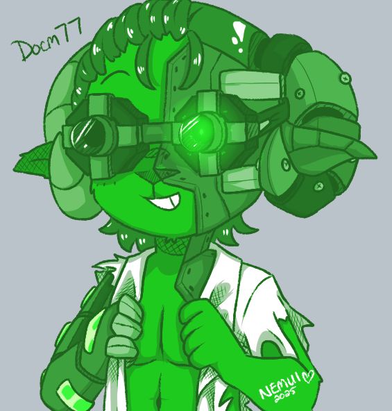 chibi sketch of docm77 colored with only shades of green and some white