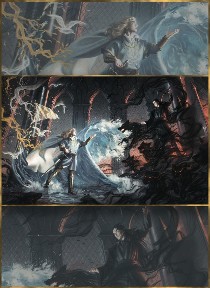 A dramatic fantasy scene inside a towering, gothic hall. On the left, a golden-haired elf in ornate blue and gold armor stands in a splash of water, summoning a massive wave and lightning that swirl around white birds. On the right, a dark-clad figure with pale skin and black hair commands a storm of shadowy, wolf-like beasts with glowing red eyes. The two forces collide at the center, water meeting shadow in a battle of power and will. The background glows with warm orange light filtering through tall arched windows, contrasting with the cold blues and blacks of the combatants’ magic.