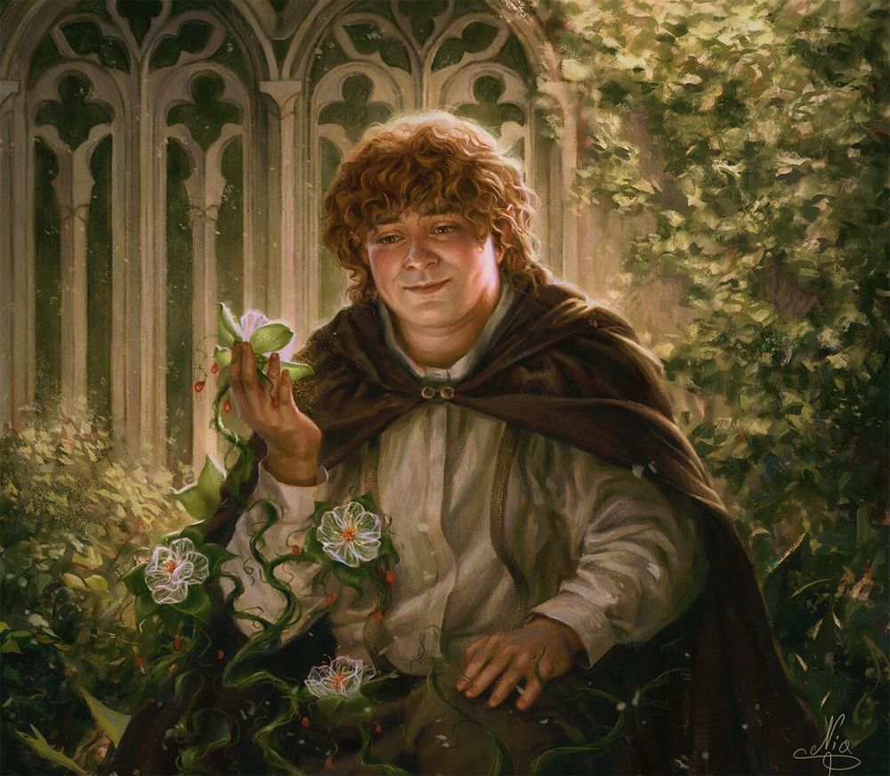 Hobbit, sitting in an elvish garden, holding a flower in his hand with peaceful expression on his face 