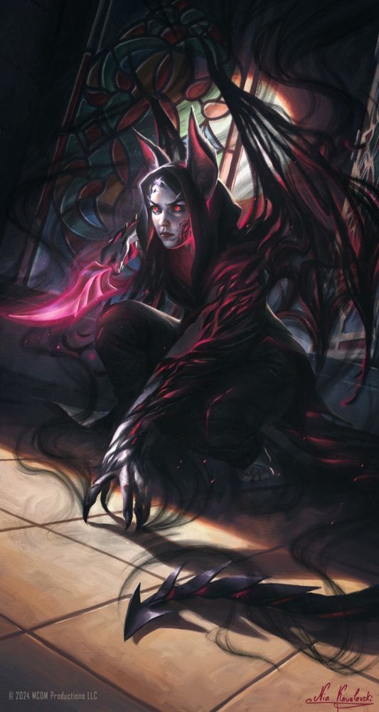 Pale bat vamp assassin woman breaking into a room throughout a window at night. She is kneeling on the floor with a dagger in one hand, and another hand transforming into talon. Her body transforms to creature like, with lots of dark shadow magic around.