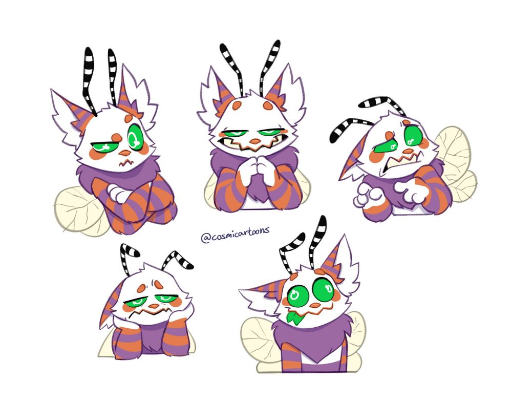Telegram stickers of a cute purple and orange bee-cat, 5 different expressions.