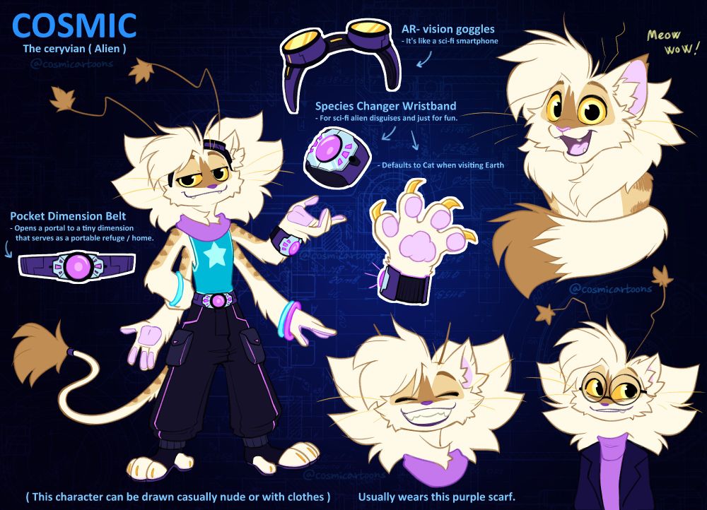A reference sheet featuring said character with a cool sci-fi outfit on and some sci-fi gadgets with some text explaining what they do! 
- Pocket dimension Belt
- AR-vision goggles
- Species Changer Wristband
- Cool pants