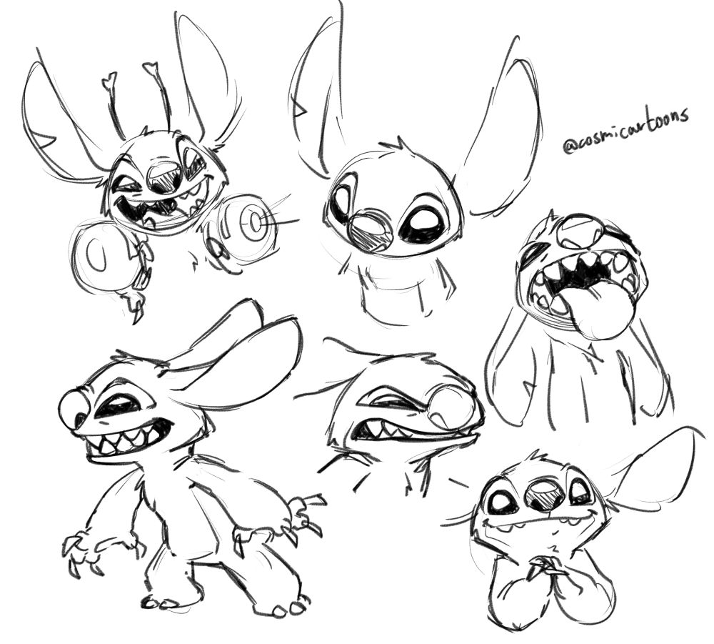 Digital sketches of Stitch in various poses and expressions