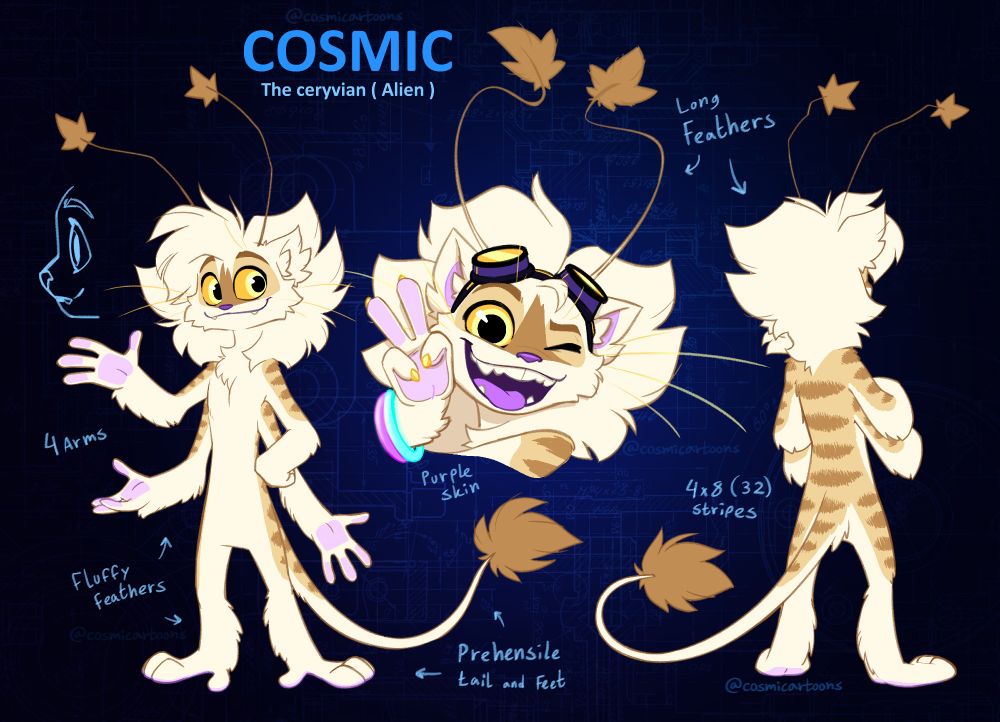 A character design / fursona reference sheet of a cream colored, feathery, four-armed alien. Lemur, owl, cat, ferret looking creature. 