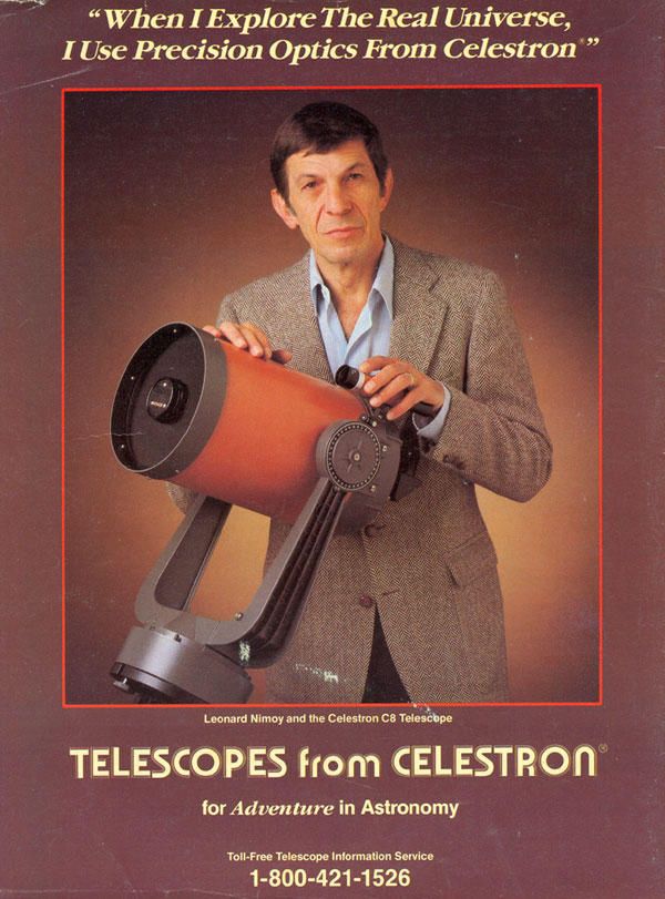 Celestron ad featuring Leonard Nimoy posing with a burnt orange colored Celestron C8 telescope 
