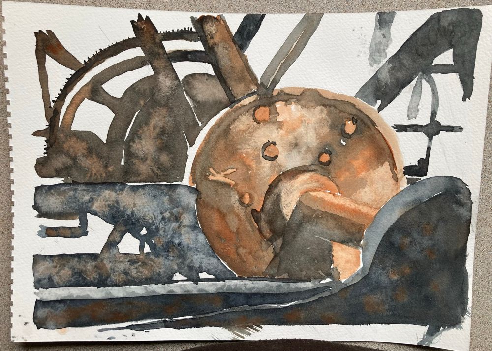 A watercolour painting of rusty heavy machinery
