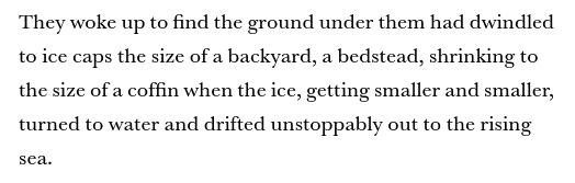They woke up to find the ground under them had dwindled to ice caps the size of a backyard, a bedstead, shrinking to the size of a coffin when the ice, getting smaller and smaller, turned to water and drifted unstoppably out to the rising sea.