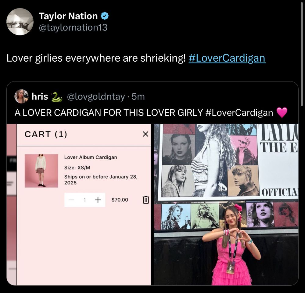 screenshot of tn on twitter: Lover girlies everywhere are shrieking! #LoverCardigan
