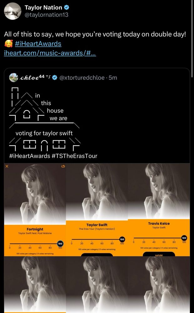 screenshot of TN from twitter: All of this to say, we hope you’re voting today on double day! 🥰 #iHeartAwards
iheart.com/music-awards/#…