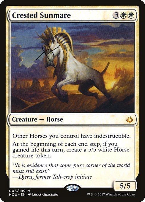 The magic the gathering card Crested Sunmare with the eyes crossed out