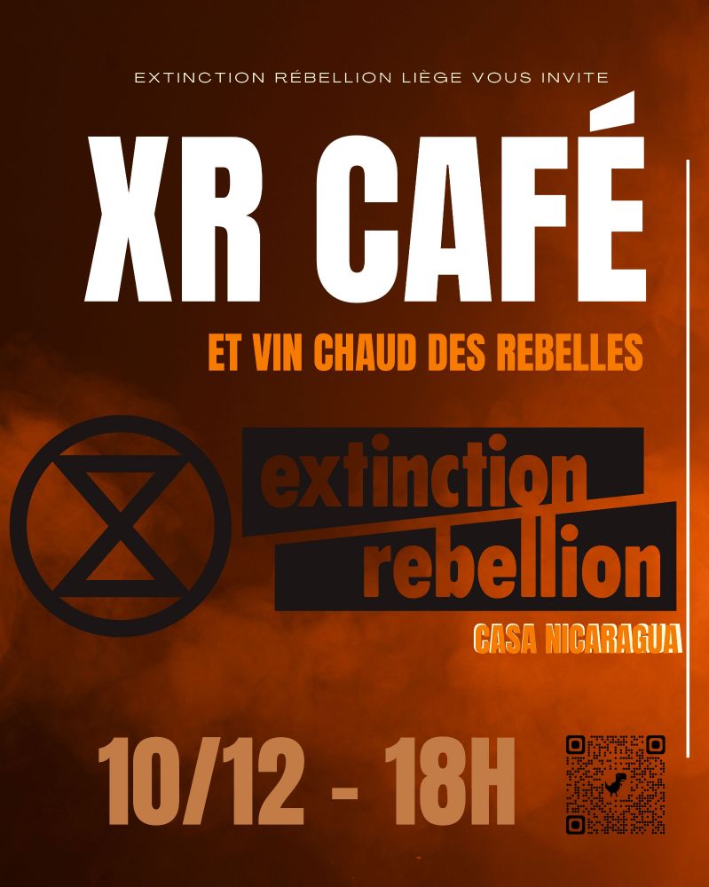 Affiche du XR CAFÉ à Liège couleurs rouilles enfumées avec les infos du texte descriptif. 