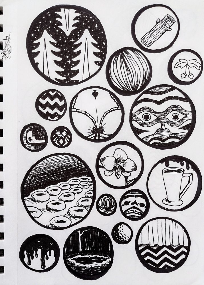 Twin Peaks themed doodles in black ink on a white page, all within circles. White silhouettes of trees against a starry black sky, a cut log, the Log Lady's wooden brooch, the side view of a stoplight at night which also resembles the baby from Eraserhead, the owl cave symbol, an orchid, three rows of donuts on a table, a tall cup of coffee, faces in the style of Tlingit or Coast Salish art, a golf ball, black dripping ooze, a slender tree and a white rimmed portal at night, and curtains above the black and white zigzag pattern from the Red Room.