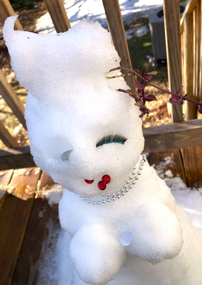 Day 3: The same snow sculpture on the wooden deck, but much of the snow around her and in the yard has melted. Her red rhinestone mouth is drooping, she has lost one silver sequin eye which is resting on her snow cleavage, and the other eye has lost its eyelashes.