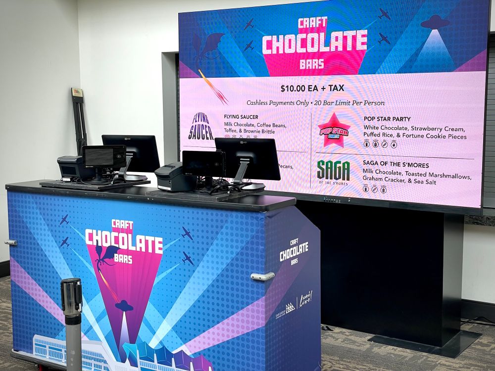 A photo of the chocolate bar booth run by the San Diego Convention Center set up at San Diego Comic-Con