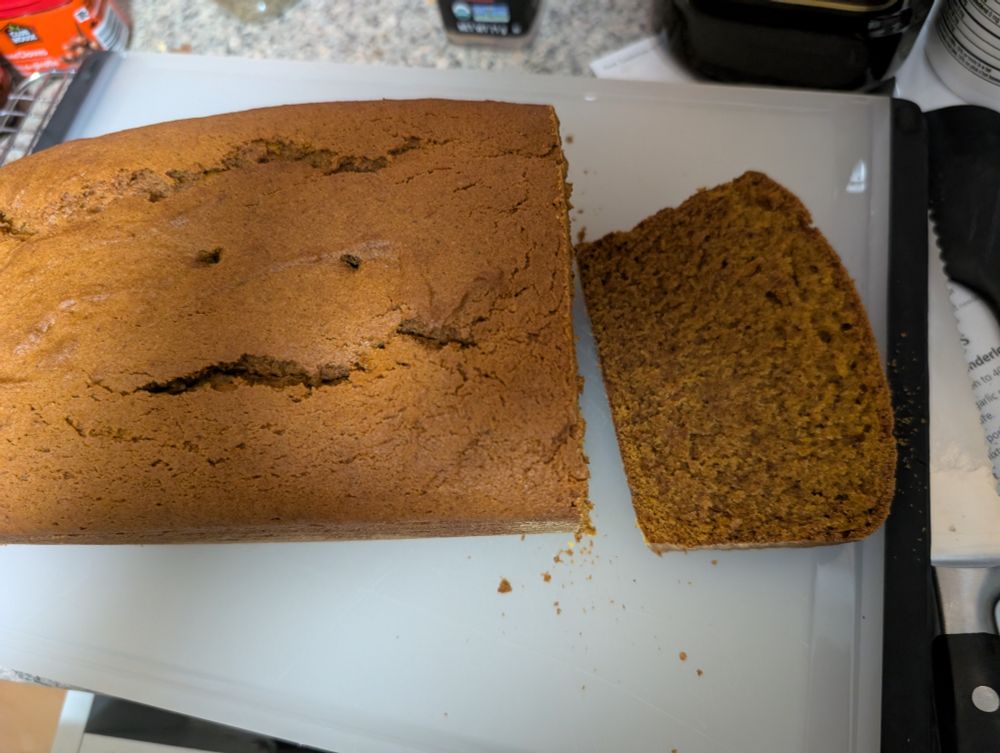 Freshly baked pumpkin bread. It is very moist and orange