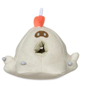 A plush toy of the Pokémon Sandygast. There is a hole for the mouth that goes all the way through the plush toy.  
